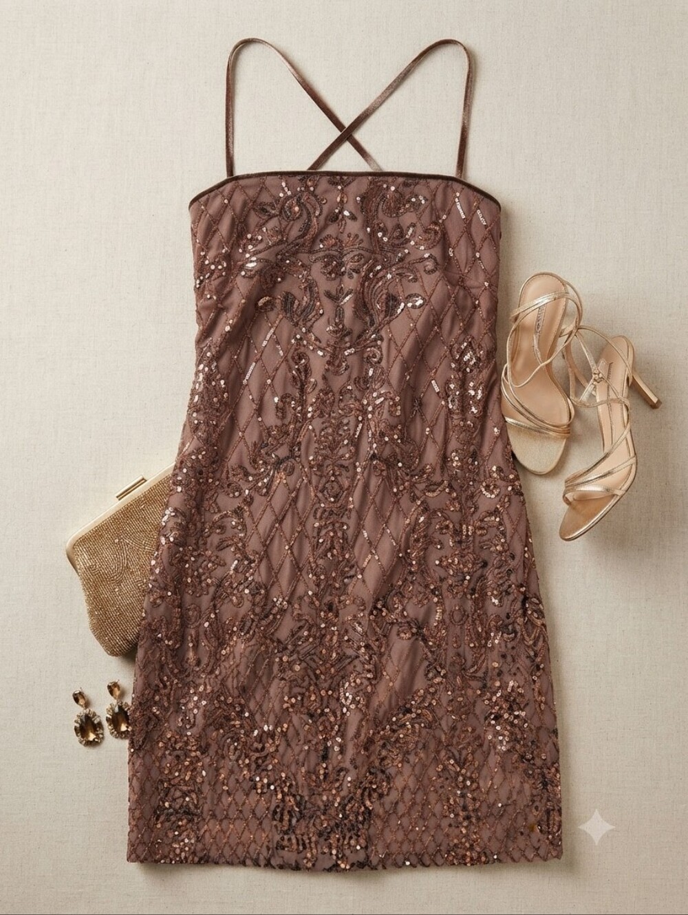 Midnight Doll Brown Sequin Mini Evening Dress